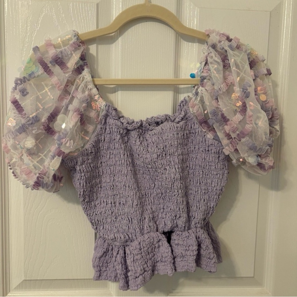 Lilac Smocked Blouse with Sheer Puff Sleeves